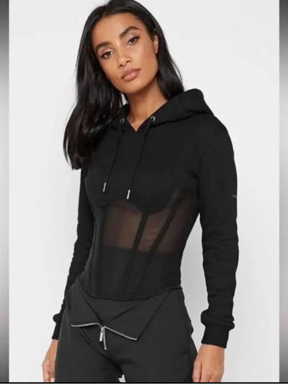 Maniere De Voir Black Sheer Corset-Detail Hoodie